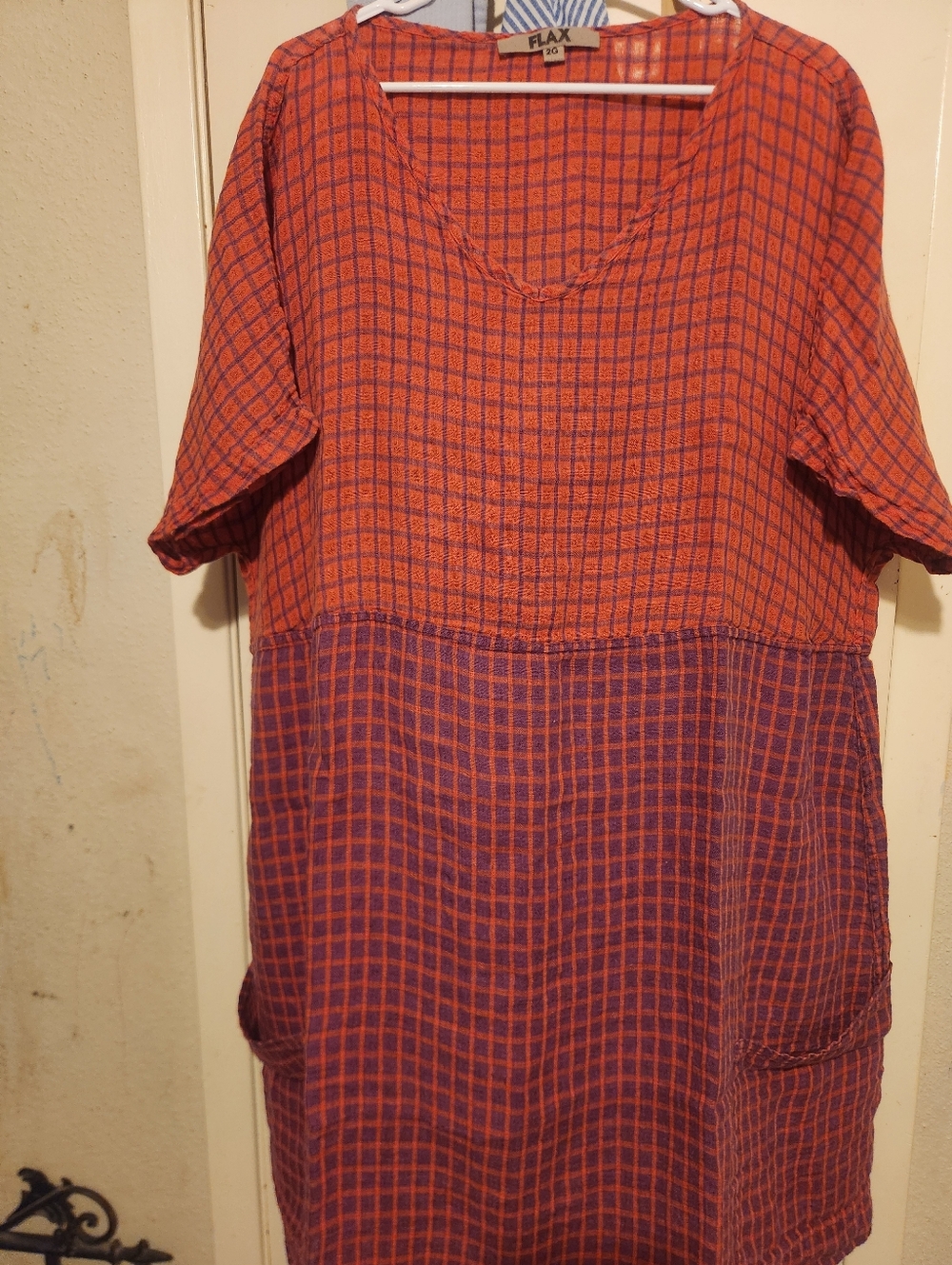 Flax Two-Tone Orange and Purple Checked Pockets Linen Midi Dress Sz. 2G B:54"